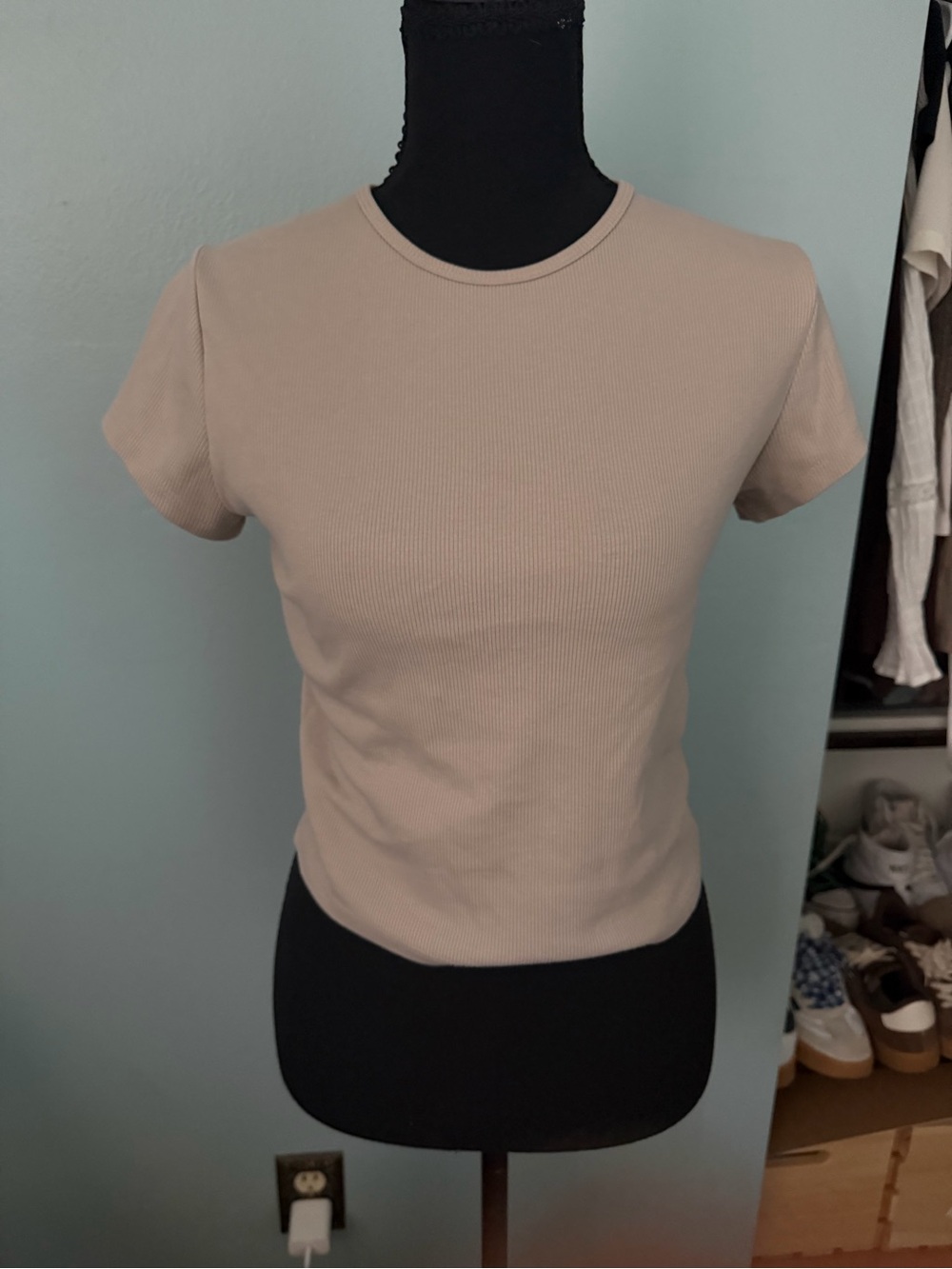 Classic Ribbed Crewneck Short Sleeve Top - Taupe